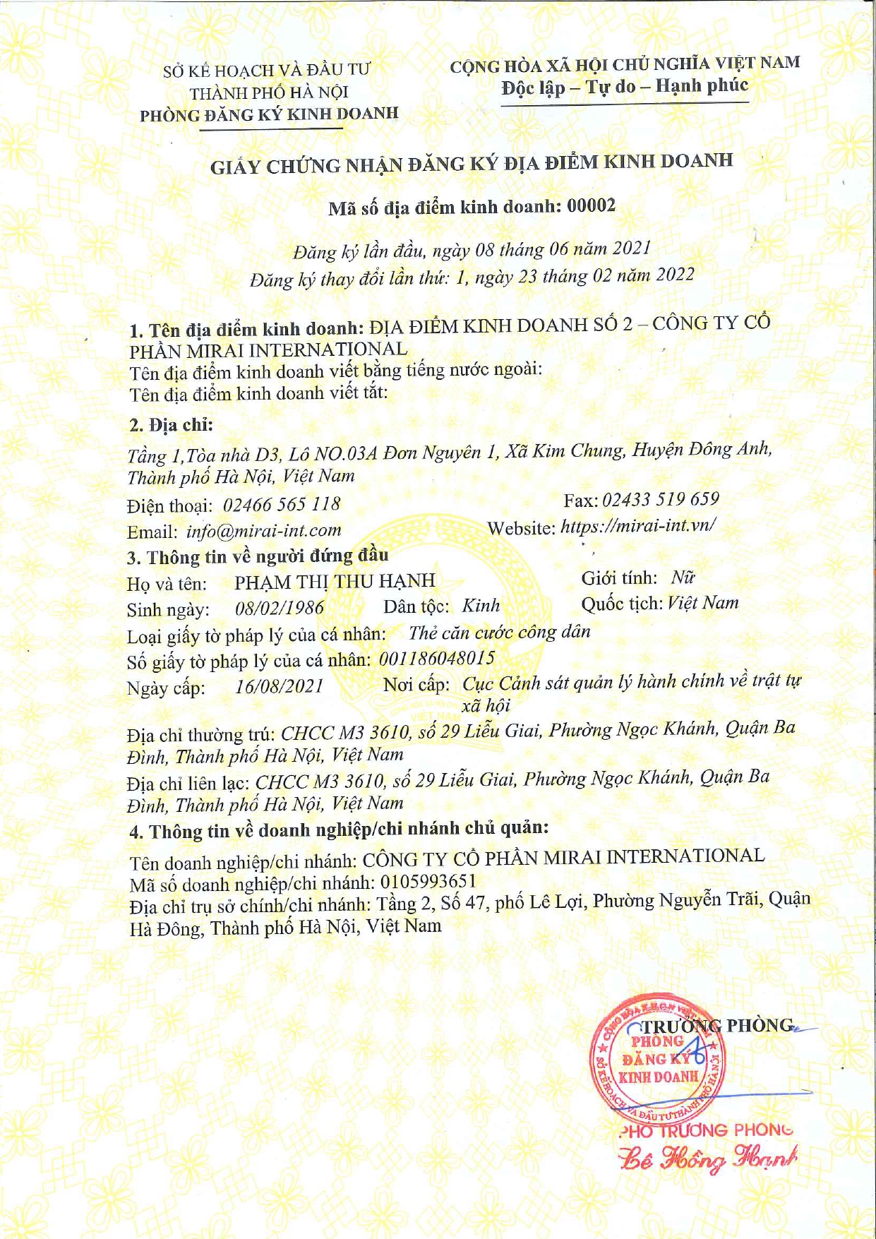 Địa điểm kinh doanh số 0002